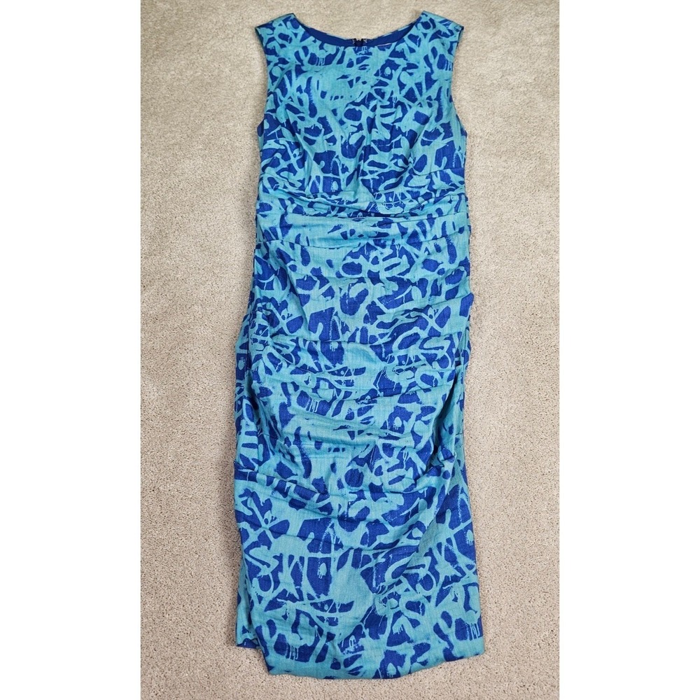 Nicole Miller Artelier Dress Size 6 Blue Abstract Sleeveless Ruched Bodycon Midi